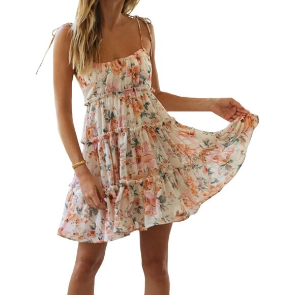 Women's Summer Floral Mini Dress Flowy Dresses Sleeveless Ruffle Dress - Picture 1 of 6